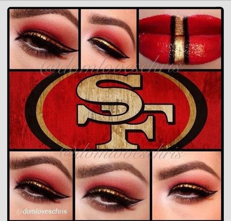 San Francisco Niners Fans! Super Bowl Makeup Ideas, 49er Makeup Ideas, Football Makeup Ideas Super Bowl, 49ers Makeup Ideas, 49ers Makeup, Super Bowl Makeup, Football Makeup, Niners Girl, 49ers Game