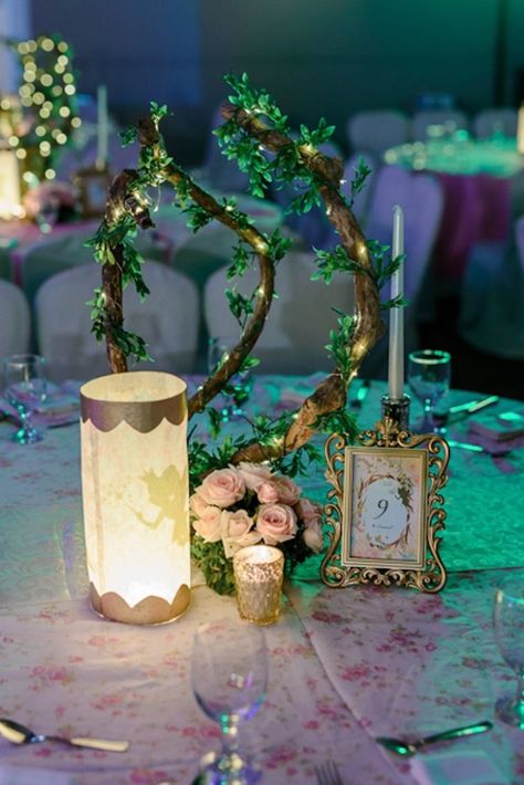 Fairy Tale Decorations Party, Enchanted Party Ideas, Fairy Princess Birthday Party Decoration, Tiana Centerpiece Ideas, Fairy Tail Theme Party, Fairy Birthday Centerpiece Ideas, Tinkerbell Themed Birthday Party, Tinkerbell Centerpieces Ideas, Tinkerbell First Birthday Party