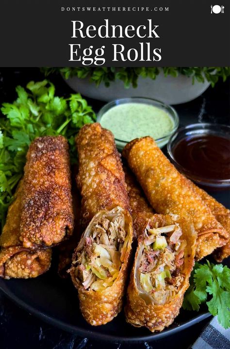 Indulge in the savory goodness of Southern-Style Egg Roll Delights, where classic Southern flavors meet the crispy, golden perfection of egg rolls. These mouthwatering treats are packed with a delightful blend of seasoned meats, fresh vegetables, and a hint of spice, all wrapped up in a crunchy shell. Perfect for parties, family gatherings, or a cozy night in, these egg rolls are sure to impress your taste buds and transport you to the heart of Southern comfort. Get ready to savor every bite and share the joy with friends and family. Fried Rolls, Pulled Pork Slaw, Pork Egg Roll Recipes, Pulled Pork Egg Rolls, Bbq Egg, Homemade Egg Rolls, Pork Egg Rolls, Chinese Cooking Recipes, Egg Roll Recipes