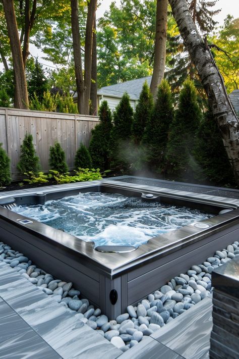 Outdoor Living Hot Tub, Large Jacuzzi Outdoor, Patio Layout With Hot Tub, Covered Patio Hot Tub, Big Hot Tub, Large Hot Tub Ideas Backyard, Hot Tub And Fire Pit Patio, Sunken Hot Tub Deck Ideas, Above Ground Hot Tub Ideas