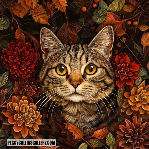 (3) Facebook Cat In Autumn, Tabby Cat Painting, Tabby Cat Art, Cat And Flowers, Autumn Cat, Dahlia Flowers, Fall Wall Decor, Colors Of Red, Match Box