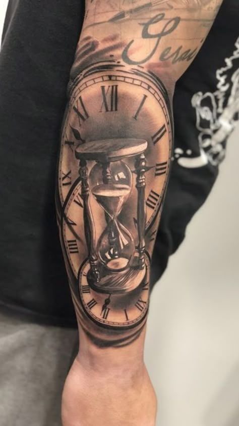 Hour Glass Tattoo Men Forearm, Hourglass Clock Tattoo Design, Hourglass Sleeve Tattoo, Sand Timer Tattoo Design, Time Glass Tattoo, Hour Glass Tattoos For Women, Hourglass Tattoo Men, A Name Tattoo, Hour Glass Tattoo Design