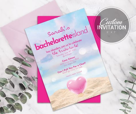 "Let your guests know it's time to party with this custom Island bachelorette or hen party invitation!  SIZING: 5\"x7\" SPECS: 300 dpi 0.125\" bleed  Includes front and back design STEPS: Checkout through Etsy Send customization info (see below) Once design is complete you will receive digital file (24-48hours) CUSTOMIZATION: Simply send invite details after payment, including; Name  Date/ Time Address/ Location  RSVP NOTE: No physical product will be shipped, this is a digital file." Bachelorette Party Love Island, Love Island Themed Bachelorette, Love Island Bachelorette Theme, Love Island Themed Party, Love Island Bachelorette, Love Island Party, Island Invitation, Hen Party Invite, Island Birthday