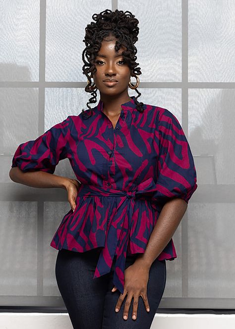 African Peplum Top Outfits, Africana Top Styles For Women, Ankara Top Designs For Ladies, African Print Shirts For Ladies, Kitenge Shirts Women, Ankara Tops Blouses Peplum, Peplon Tops, Ankara Sleeve Styles, Ankara Top Styles For Ladies