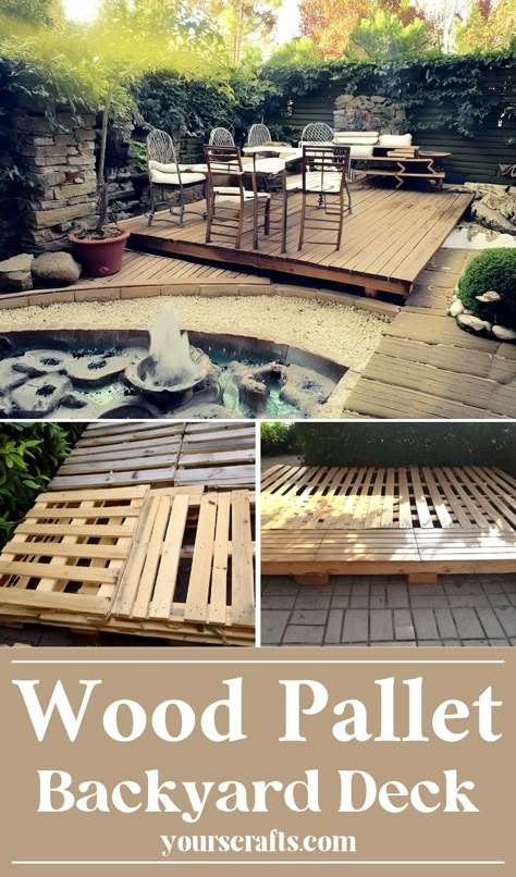 Wood Pallet Backyard Deck Diy Backyard Platform, Pallet Ground Deck, Outdoor Patio Pallet Ideas, Patio From Pallets, Floating Deck Pallets, Backyard Patio Pallet Ideas, Diy Deck With Pallets, Pallet Decking Diy, Cheap Patio Ideas On A Budget Diy