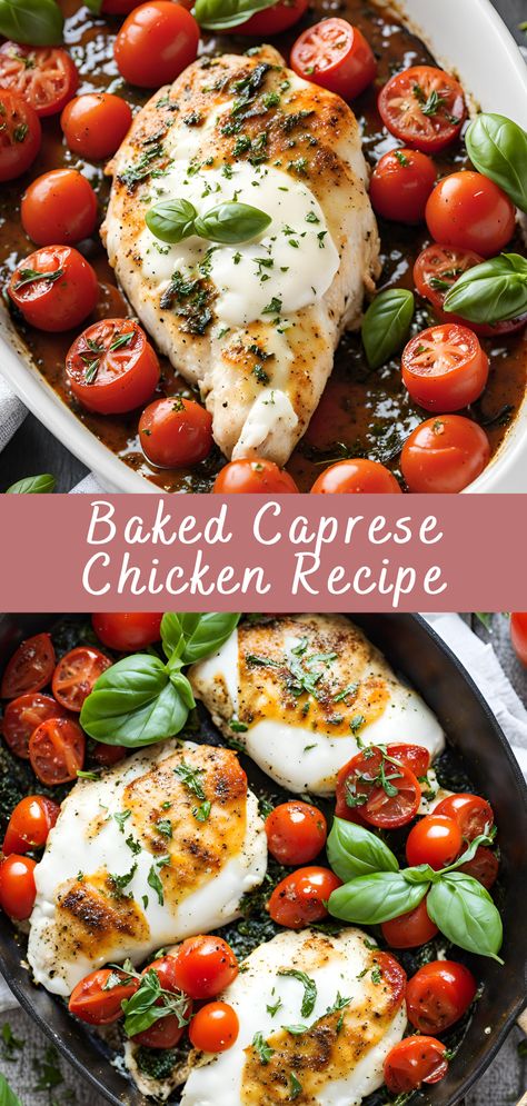 Baked Caprese Chicken Recipe | Cheff Recipes Chicken Basil Mozzarella, Chicken Basil Mozzarella Tomato, Recipes With Campari Tomatoes, Baked Chicken Caprese Recipe, Caprese Chicken Baked, Tomato Mozzarella Chicken, Italian Chicken Breast Recipes, Quick Chicken Recipes Healthy, Italian Chicken Breast