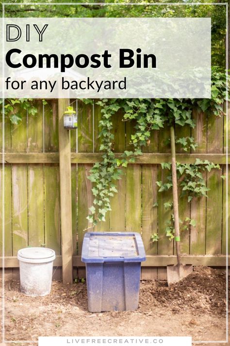 a backyard section against the fence with a plastic box for compost, a bucket beside it and greenery around it. The title says: DIY Compost Bin for any backyard Diy Small Compost Bin Outdoor, Diy Outdoor Compost, Easy Diy Compost Bin, Start A Compost Pile, Backyard Composting Diy, How To Start A Compost, Easy Compost Bin, How To Store Compost, Compost Garden