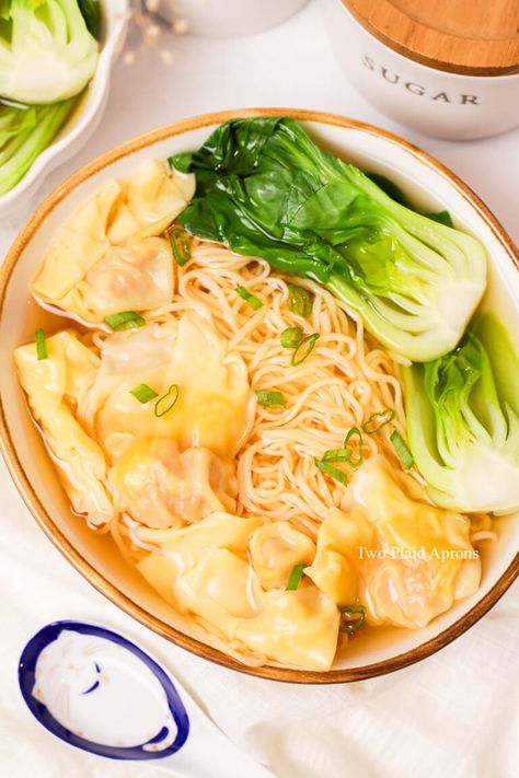 Wonton Noodle Soup | Two Plaid Aprons Cantonese Soup, Pork Wontons, Chinese Chili Oil, Chinese Chili, Wonton Noodle Soup, Shrimp Wonton, Plaid Apron, Wonton Noodles, Leftovers Soup