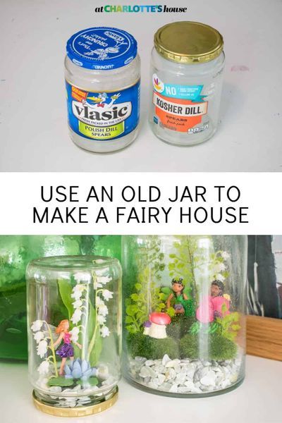 Jar Fairy House, Fairy Toys, Fairy Jars Diy, Crafts Aesthetic, Mini Watering Can, Recycling Projects, Garden Houses, Pickle Jar, Faux Moss