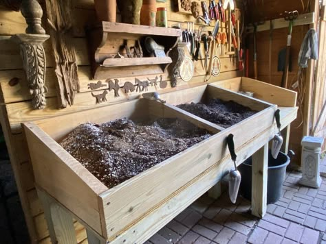 Potting Area, Potting Station, Garden Shed Interiors, Potting Benches, Shed Makeover, Shed Interior, Greenhouse Shed, Potting Table, Potting Tables