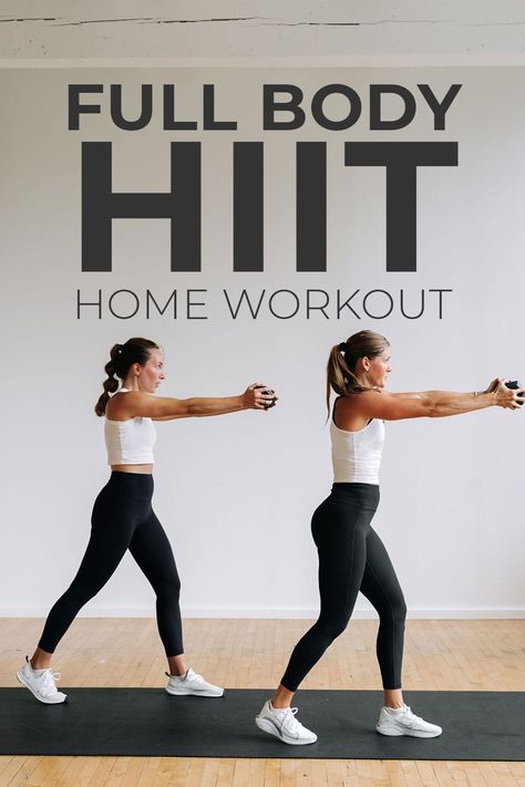 Get all the benefits of strength training and high intensity interval training in this 35-Minute Full Body HIIT workout for women! Nine full body HIIT exercises you can do at home with weights. Full body HIIT workouts are a great way to build muscle and improve your cardiovascular fitness at the same time! Burn fat and build strength with this advanced, full body HIIT workout for women. You only have to do each full body exercise twice, so grab your heavy dumbbells. 30 Min Tabata Workout, Fitness Workout For Women At Home Videos, Hiit Workout For Women, Weighted Hiit Workouts, Full Body Moves With Weights, Hitt Workout Full Body Gym, Combo Workout Moves Weights, Full Body Hiit Workouts Gym Weights, Full Body Exercises At Home For Women