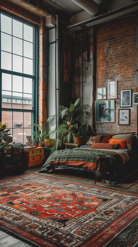 Industrial Bedroom Ideas - Remodr Loft Decorating Ideas, Industrial Boho, Industrial Condo, Eclectic Industrial, Industrial Bedroom Design, Distressed Wood Furniture, Creative Headboard, Industrial Apartment, Iron Bed Frame