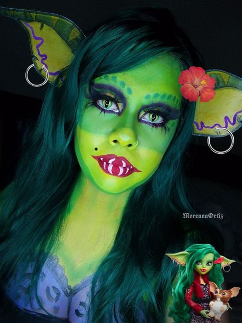 Greta Gremlin Costume Diy, Greta Gremlin Makeup, Greta Gremlin Costume, Gremlin Makeup, Grimace Costume, Gremlin Costume, Greta Gremlin, Costume Makeup Tutorial, Halloween Coustumes