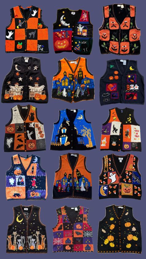 patchwork vintage vest october fall halloween sweater pumpkin witch ghost mummy cat trick or treat haunted hause moon scarecrow whimsigoth Fall Vest Outfits, Halloween Vest, Sweater Vest Outfit, Witch Ghost, Sweater Pumpkins, Vest Outfit, Cat Hacks, Embroidery Sweater, Halloween Sweater