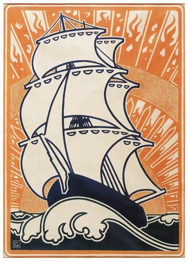 Gisbert Combaz • Sailing Ship • Circa 1898 Sailing Art, Nautical Art, Stock Art, A Ship, Dmc Floss, Monoprint, Ex Libris, Lino Print, Cross Stitch Chart