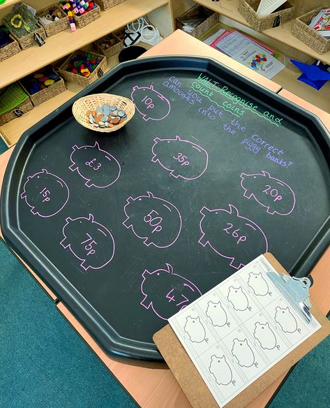 Piggy banks 🐖 How cute are these piggy banks? 😍 Children can work concretely, putting the coins into the piggy banks and then record pictorially on the worksheet 🐷 #piggybanks #piggybank #mathworksheet #tufftray #tufftrayplay #tufftraysetup #mathstufftray #tufftrayideas #tufftrayinspiration #mathscounting #countingskills #engagingactivities #newlearning #handsonlearning #handsonactivities #mathsthroughplay #earlynumeracy #kindergardenmaths #firstgrademath #elementarymath #learningaboutmoney Teaching Aids For Maths, Maths Classroom Displays, Counting Coins Worksheet, Reception Class, Teaching Money, Money Activities, Continuous Provision, Play Math, Counting Coins