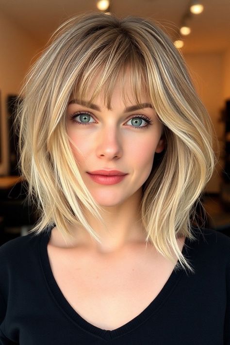 Layered Lob with Wispy Bangs, long bob hairstyle, long bob haircut, lob hairstyle Asymmetrical Long Bob With Bangs, Wispy Medium Length Hair, 45 Year Old Hairstyles, Lob Haircut With Bangs Fine Hair, Bobs With Long Bangs, Long Bangs Side Part, Lob With Bangs Fine Hair, Medium Bob Hairstyles With Bangs, Long Bob Cut With Bangs