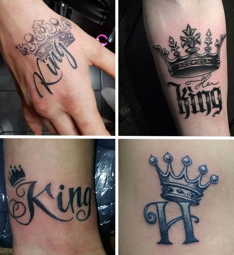 King and Queen Tattoos | Best Couple Tattoo Ideas 4 Tato Nama, Crown Tattoo Men, King Crown Tattoo, King Queen Tattoo, Small Crown Tattoo, King Tattoo, Best Couple Tattoos, Tattoos Infinity, Crown Tattoo Design