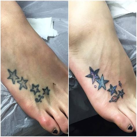 Star cover up on the right foot. Little Foot Tattoos, Cover Up Ideas, Cover Up Tattoos For Women, Toe Tattoos, Foot Tattoos For Women, Up Tattoo, Tattoo Cover Up, Star Tattoo, Bad Tattoos