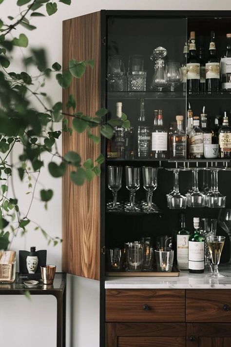 5 Tips for Small Home Bar Areas in Tight Spaces House Bar Design Small Spaces, Cozy Home Bar, Mini Bar Ideas Small Spaces, Small Home Bar, Small Bar Area, Small Bars For Home, Corner Bar Cabinet, Home Bar Setup, Home Bar Areas