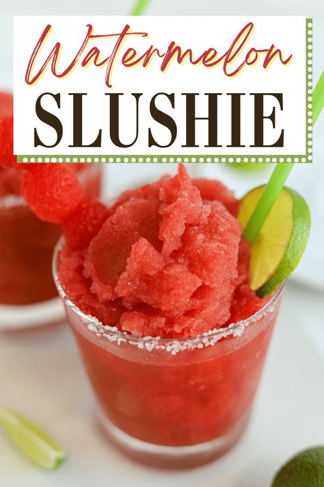 This easy Watermelon Slushie is a refreshing taste of summer in a glass! Bursting with fresh watermelon flavor, this fruity mocktail is a delicious, frozen treat that's perfect for all your summer parties. Fruity Mocktail, Watermelon Slushie Recipe, Watermelon Mocktail, Watermelon Slushie, Watermelon Flavor, Kid Friendly Drinks, Watermelon Drink, Slushie Recipe, Frozen Watermelon