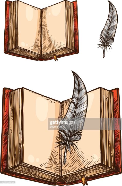 stock illustration : Open book with empty page and feather pen sketch Open Book Art Drawing, Book Pen Photography, Burning Book Drawing, Book Open Illustration, How To Draw An Open Book, Open Book Drawing Sketches, Old Book Drawing, Open Book Painting, Book Drawing Aesthetic