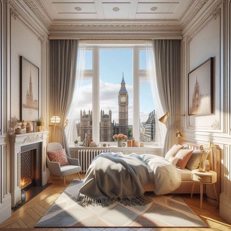 ✨ Dreamy London mornings ✨ Waking up to this stunning view of Big Ben and the charming cityscape is pure bliss 🤎🤎 Follow @hale_interior_design for more inspiration Design by @hale_interior_design #londonliving #interiordesign #cozyvibes #roomwithaview #homeinspiration #interior #architecture #londonluxuryhomes #london #londonlife #dreamhome #deco #cozyhome #cozyvibes London Apartment Aesthetic, London Flat Interior, London Townhouse Interior, London House Interior, Textured Brick Wallpaper, London Mansion, London Bedroom, Townhouse Interior, London Interior Design