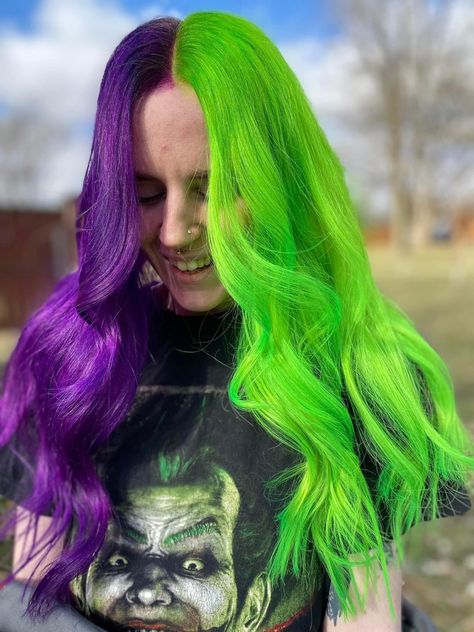 Lime Green Split Dye, Green And Purple Hair Split, Neon Green And Purple Hair, Half Green Half Purple Hair, Purple And Green Split Dye, Purple And Green Hair Ideas, Green Split Dye, Spooky Hair Color, Green Purple Hair