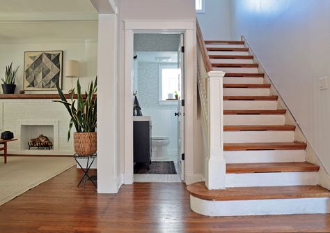 View this Best Bath Space - Amateurs entry in the 2018 Remodelista Considered Design Awards Under Stairwell Bathroom, Under Stairs Bathroom Full, Stairs With Bathroom Underneath, Half Bath Under Staircase, Bathroom Under The Stairs, Under Stairs Bathroom, Under Stairs Wine, Understairs Toilet, Under Stairs Wine Cellar