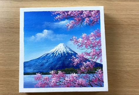 Mt Fuji Painting, Fuji Painting, Cherry Blossom Painting Acrylic, Oak Art, Canvas Painting Projects, Color Theory Art, Food Art Painting, Painting In Acrylic, Cherry Blossom Painting