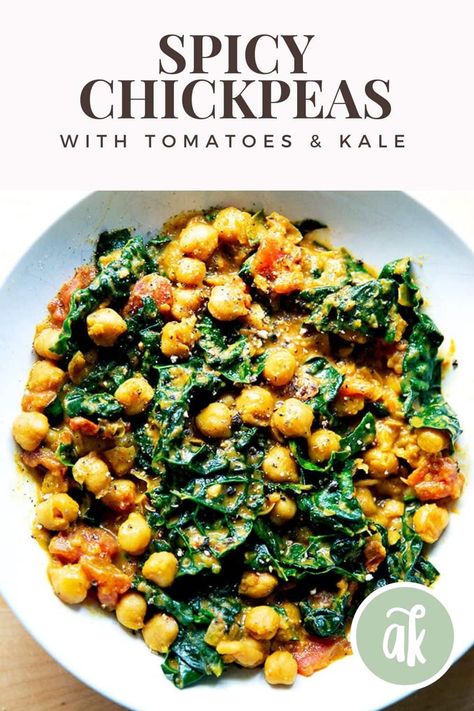 Made from mostly pantry ingredients, these spicy chickpeas with tomatoes and kale come together in no time and are incredibly tasty! #chickpeas #spicy #vegetarian #weeknightdinner Spicy Chickpeas, Grandma Recipes, Pantry Ingredients, Meatless Recipes, Wfpb Recipes, Chickpea Recipes, Vegetarian Options, Bean Recipes, Chickpeas