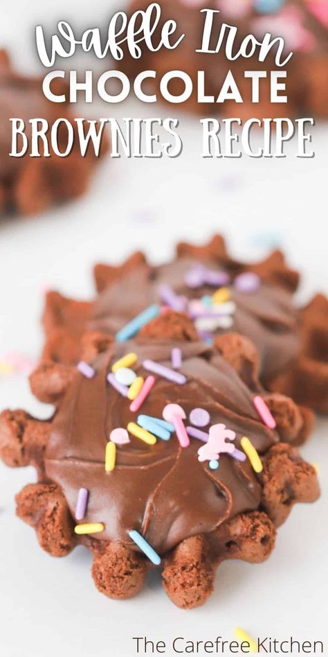 These Chocolate Brownie Waffle Cookies are soft, chocolatey and oh-so-cute. They make a quick, easy and super fun party dessert or after school snack. #thecarefreekitchen #waffles #chocolate #brownies #wafflebrownies #frosting #dessert #snack Brownie Mix Waffles, Waffle Iron Cookies, Waffle Snacks, Waffles Chocolate, Brownie Waffles, Chocolate Chip Waffles, Easy Party Desserts, Waffle Iron Recipes, Dessert Waffles