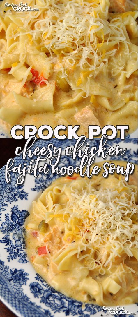 This Crock Pot Cheesy Chicken Fajita Noodle Soup is super easy to make and has a fabulous flavor that will have young and old alike singing it's praises! Cheesy Chicken Noodle Soup, Nanas Recipes, Crock Pot Cheesy Chicken, Cheesy Chicken Rice Casserole, Cheesy Chicken Rice, Crockpot Soups, Chicken Breast Crockpot Recipes, Crockpot Chicken Breast, Chicken Crockpot Recipes Easy