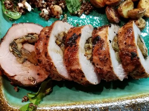 Apple and pear stuffed pork tenderloin. I did this on steroids- I added brie and wrapped it in bacon too. Delicious! Stuffed Pork Loin, King Oyster Mushrooms, Apple Pork Tenderloin, Smoked Pork Loin, Big Green Egg Recipes, King Oyster, Pork Tenderloin Recipe, Onion Jam, Tenderloin Recipe