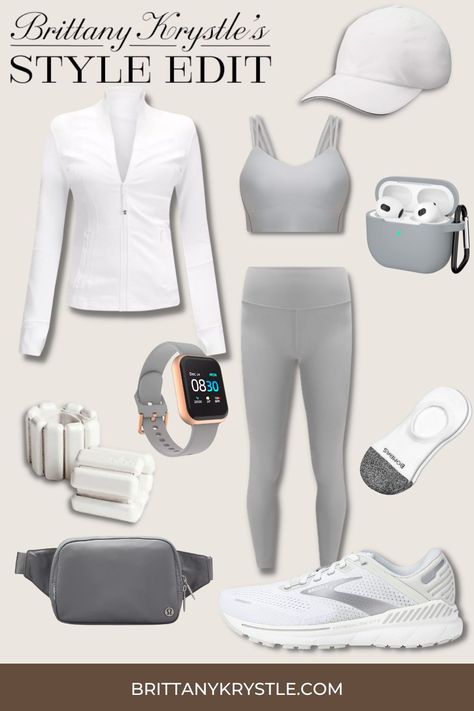 This grey and white workout outfit for women is the perfect outfit for your next gym visit or as a walking workout outfit. Hit your steps for the day with these stylish pieces from Lululemon, Brooks, & more in this curated style edit -- Morning walk outfit. workout style. Exercise outfits for women. Morning Walks Outfit, Gray Workout Outfit, Walking Workout Outfit, Trendy Gray Activewear For Workout, Gray Activewear For Winter Workout, White Moisture-wicking Activewear For Workout, Breathable Gray Activewear For Workout, White Moisture-wicking Activewear For Gym, Gym Pants Outfit