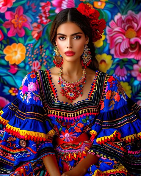 Midweek color inspo. #modernmexicanas #chicanavibes #moreismore Mexican Dress Up, Traditional Mexico Dress, Michoacan Traditional Dress, Historical Mexican Fashion, Mexican National Costume, Michoacan Folklorico Dress, Brazilian Dress, Mexican Clothing Style, Outfit Mexicano