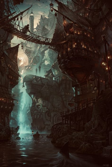 Fantasy Poster, Steampunk City, Wallpapers Cool, Concept Art Tutorial, Fantasy Posters, Tutorial Ideas, Fantasy City, Fantasy Setting, Fantasy Places