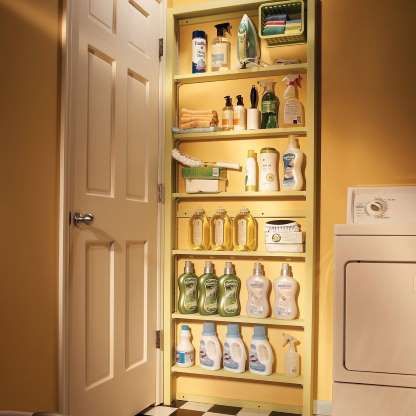 Build these behind-the-door shelves - Family Handyman Diy Lavanderia, Shallow Shelves, Laundry Room Update, Diy Storage Shelves, Hidden Shelf, Kitchen Storage Hacks, Laundry Room Doors, Laundry Room Diy, Door Shelves