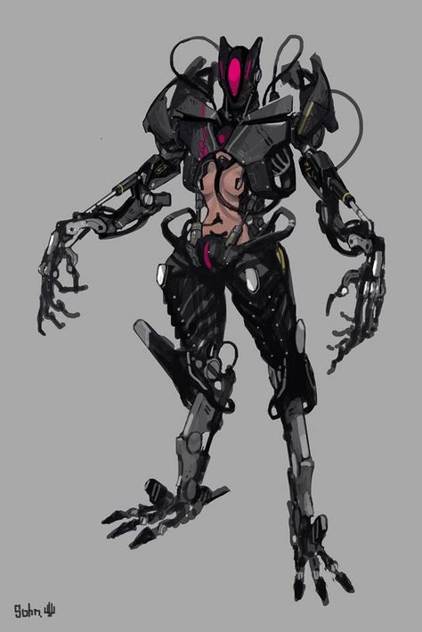 I love the way the body is positioned in this mecha, it is such a cool idea and a really menacing shape, just slap a suit over her naked body and you have one badass and somewhat less than practical mech going on! Mech Character Design, Mech Suit Art, Mecha Concept Art, Mecha Character, Robot Design Sketch, Mecha Suit, Cyborgs Art, Mech Suit, Samurai Artwork