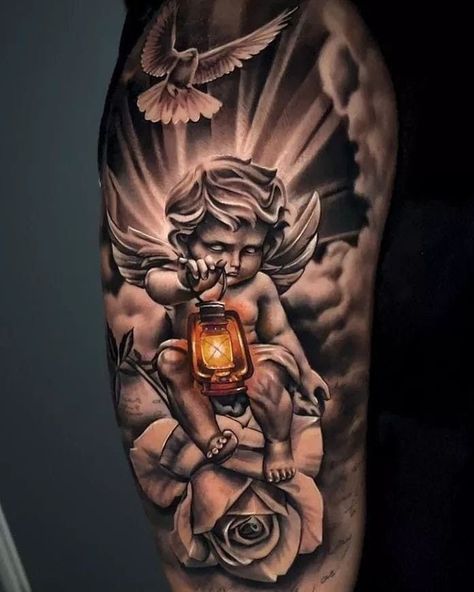 Cherub Tattoo Designs, Lovely Tattoo, Cupid Tattoo, Heaven Tattoos, Cherub Tattoo, Gangsta Tattoos, Cool Arm Tattoos, Half Sleeve Tattoos For Guys, Religious Tattoos