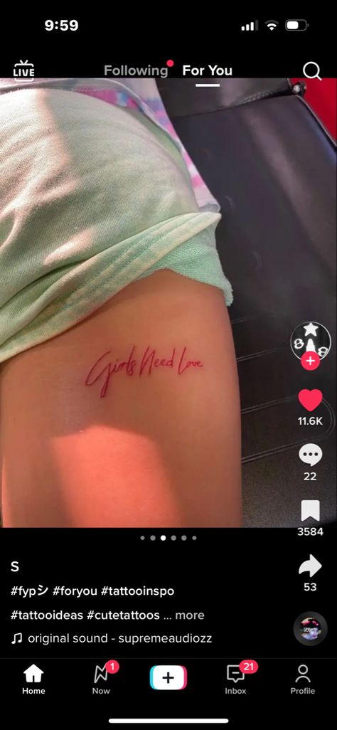 Baddie Tatoos Ideas, Red Tattoo On Tan Skin, Tattoo Behind Leg, Leg Word Tattoo, Song Name Tattoo, Name Tattoo On Buttcheek, Rod Wave Inspired Tattoos, Red Tattoo On Brown Skin, Healed Red Tattoos On Dark Skin