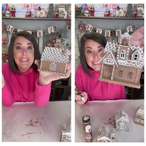 Let's Turn Dollar Tree Houses Into Gingerbread Houses – Lizzy & Erin Christmas Village Tiered Tray, Gingerbread House Dollar Tree Diy, Diy Gingerbread Village Ideas, Dollar Tree Christmas Village Diy, Gingerbread House Display Ideas, Dollar Tree Houses Diy, Dollar Tree Gingerbread House Diy, Diy Christmas Houses Village, Dollar Tree Gingerbread House