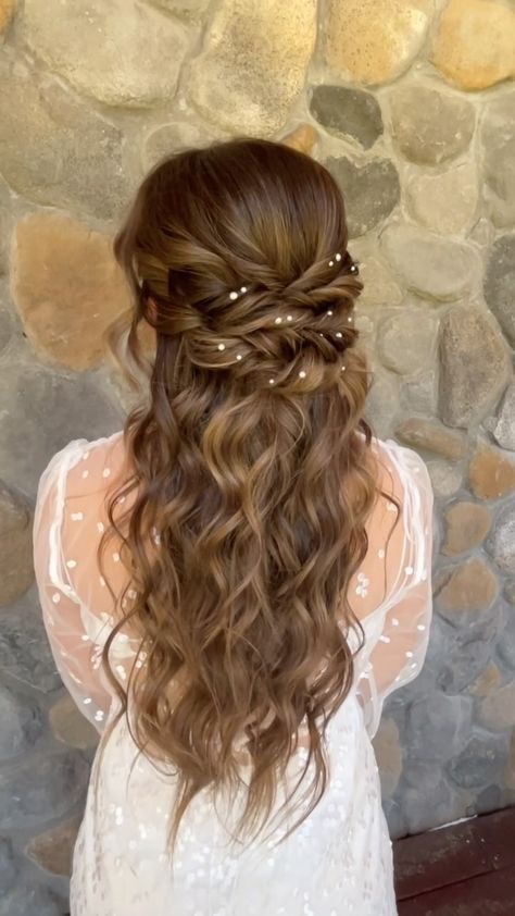 Monica Cottereau | BRIDAL HAIRSTYLES | These cutie pearl accents are included with any Bridal style 🩵 the pattern can be customized! Half-up hairstyles on Wedding Days will... | Instagram Boho Hair Bridal, Long Curly Wedding Hairstyles Down, Bridal Hair Accessories Half Up, Bridal Hairstyle Half Up, Half Up Half Down Curls Wedding, Long Thick Wedding Hairstyles, Half Up Half Down Hair With Pins, Bridal Hair Curls Half Up, Wedding Day Hair Half Up