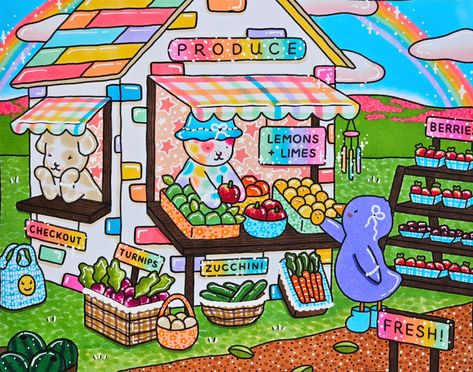 🍊 Daisie's produce stand! 🍊 Page by @bobbiegoodsart #bobbiegoods #bobbiegoodsart #bobbiegoodscoloringpages #bobbiegoodscoloringbook #colouring #ohuhumarkers Bobbie Goods Coloring Pages Completed, Bobbi Goods, Coloring Aesthetic, Coco Wyo, Produce Stand, Colorful Posters, Bobbie Goods, Cute Text Messages, Pattern Coloring Pages