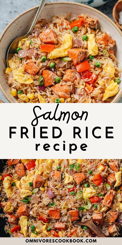 Try this simple Salmon Fried Rice recipe today! This fried rice dish is perfect for a quick weeknight dinner. Salmon, veggies, egg and rice make up this healthy one-pan dinner. Everyone in the family will love this Salmon Fried Rice dish! Salmon And Rice Dinner Ideas, Best Rice With Salmon, Canned Salmon And Rice Recipes, Salmon Fried Rice Recipes, Asian Rice Dishes, Egg And Rice, Salmon Fried, Salmon Veggies, Salmon Fried Rice