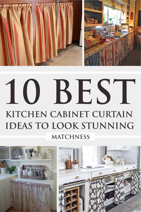 10 Best Kitchen Cabinet Curtain Ideas to Look Stunning ~ Matchness.com Diy Curtain Cabinet Doors, No Cabinet Doors Kitchen, Kitchen Cabinets Without Doors Ideas, Curtains For Cabinet Doors, Curtains For Cupboard Doors, Curtain For Cupboard Door, Curtains As Cabinet Doors, Kitchen Cabinet Without Doors, Cabinet Without Doors Ideas