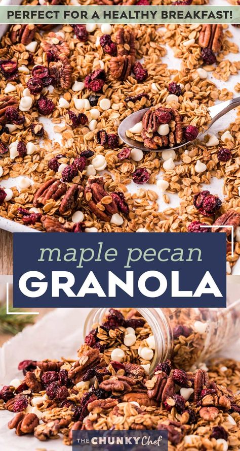 This delicious maple pecan granola recipe is the perfect way to start off your day!  Naturally sweetened with maple syrup, and made with simple pantry ingredients, you'll love this easy to make recipe! #breakfast #brunch #homemade #granola #healthy #maple #pecan #natural Maple Pecan Granola Recipe, Pecan Granola Recipe, Granola Easy, Maple Pecan Granola, Easy Breakfast Burritos, Pecan Granola, Maple Granola, The Chunky Chef, Chunky Chef