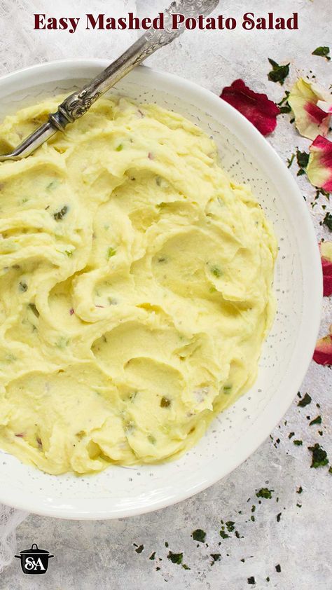 An overhead shot of Easy Mashed Potato Salad in a white serving bowl with a spoon. Instant Mashed Potato Salad, Mashed Potato Salad Recipe, Instant Mashed Potato Recipes, Instant Mashed Potatoes Recipes, Mashed Potato Salad, Mashed Potatoes From Scratch, Cookout Recipes, Potato Salad Recipe Easy, Easy Mashed Potatoes