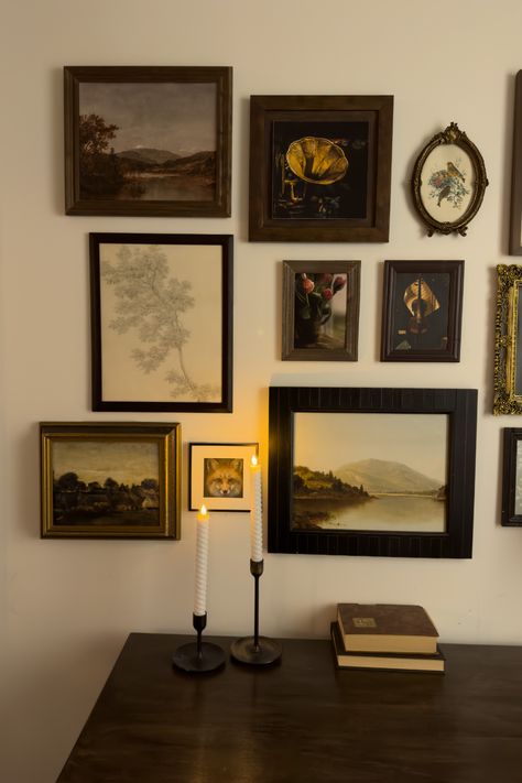 Victorian Wall Art Ideas, Small Vintage Gallery Wall, Gallery Wall With Thermostat, Gallery Wall Vintage Frames, How To Hang A Mirror On The Wall, Antique Picture Frames On The Wall, Office Gallery Wall Ideas, Gallery Wall Corner, Desk Gallery Wall