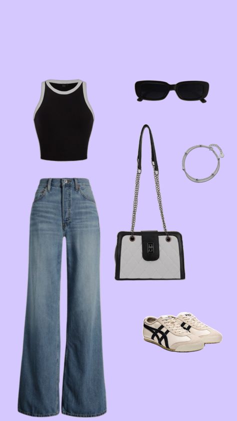 Aesthetic outfit , college outfit, wide leg jeans, black crop top, crop top, sling bag, white sneakers, ASICS, sun glasses, bracelet, back to school outfit Wide Leg Jeans With Sneakers, Basic Outfits Minimalist, Wide Leg Pants Outfit Casual, Outfit Wide Leg Jeans, Wide Leg Jeans Black, Jeans With Sneakers, Outfit Wide Leg, Outfit Basic, Outfit Minimalist